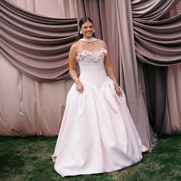 Nicole and Felicia Drop Waist Mikado Gown with Flower Detail - Picture 1 of 6